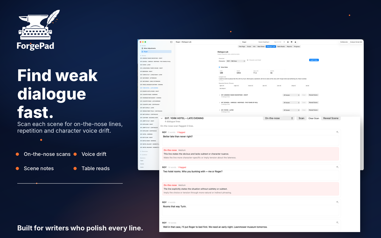 ForgePad dialogue lab highlighting weak dialogue lines